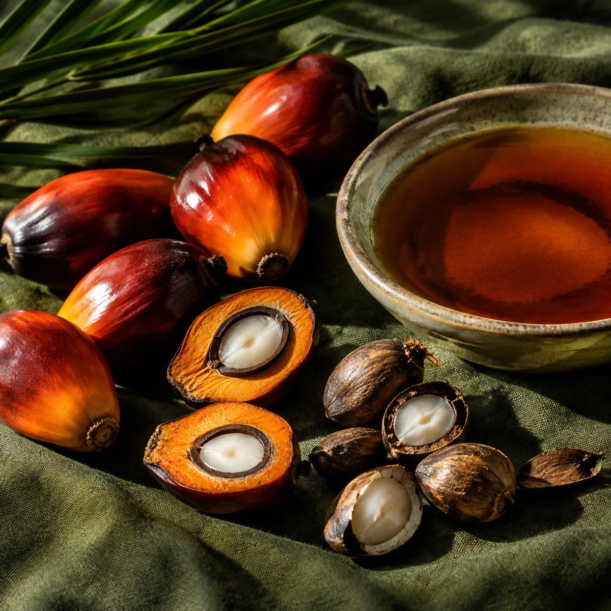 American palm fruits, kernels, and a bowl of amber oil